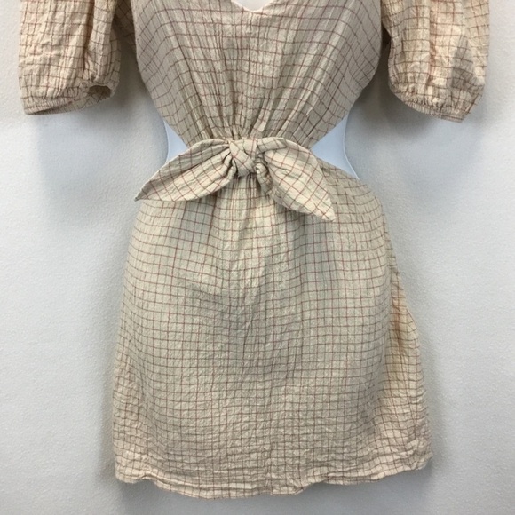 Zara Bow Front Cut Out Puff Sleeve Dress Tan - Picture 6 of 9